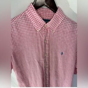 Ralph Lauren Men's Short Sleeve Classic Linen Button Down Pink White Gingham Med